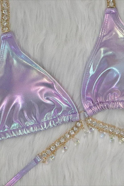 Purple Holographic Rhinestone Starfish Strappy Draw String Cheeky 2Pc Swimsuit Set Bikini - AMIClubwear