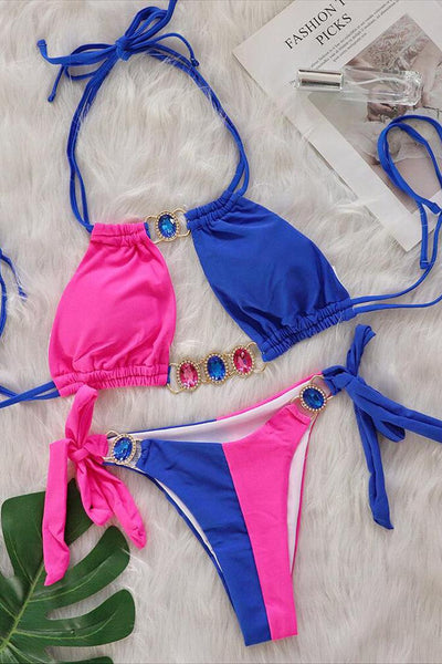Blue Pink Rhinestone Two Piece Cheeky Swimsuit - AMIClubwear