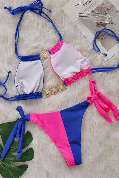 Blue Pink Rhinestone Two Piece Cheeky Swimsuit