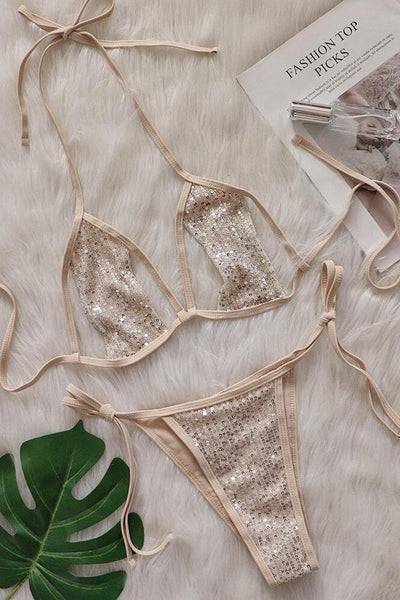 Beige Sequin Cut-Out Strappy Sexy Cheeky 2Pc Swimsuit Set Bikini