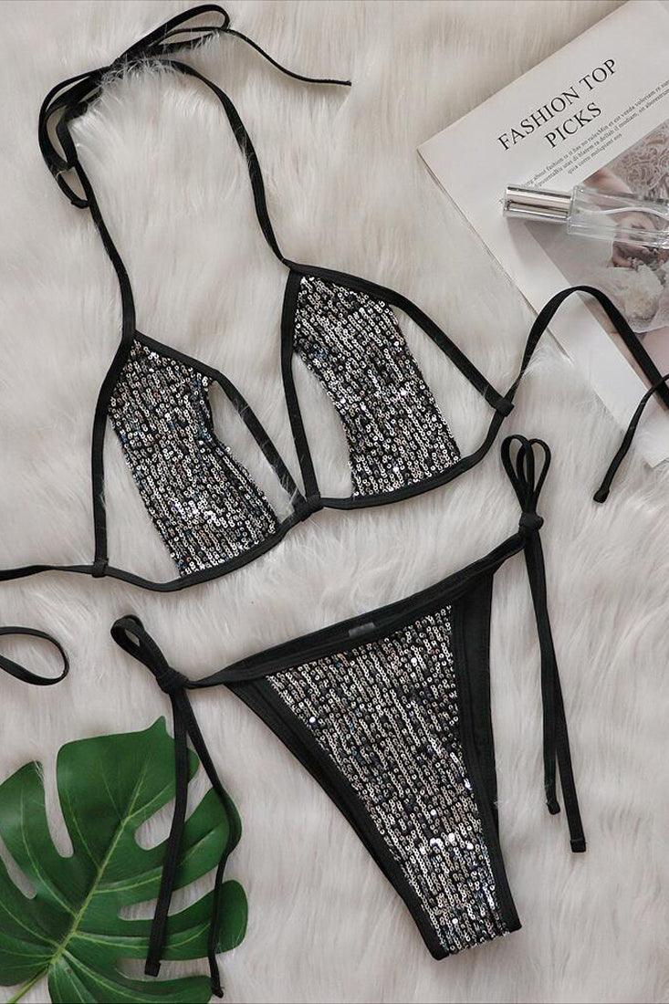 Black Sequin Cut-Out Strappy Sexy Cheeky 2Pc Swimsuit Set Bikini