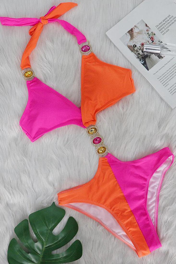 Orange Pink Block Rhinestone One Piece Cheeky Swimsuit Monokini - AMIClubwear