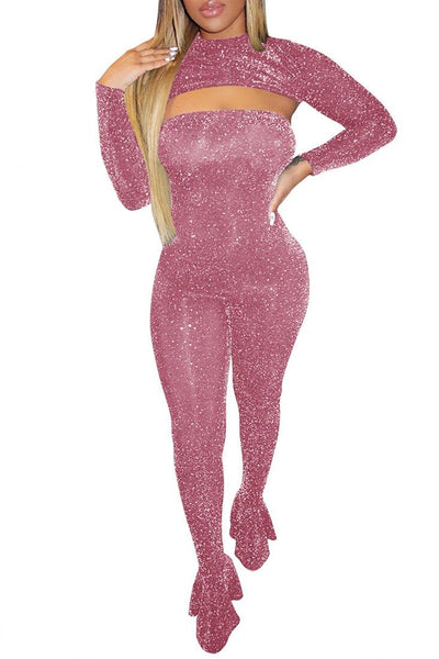 Pink Shimmer Bell Long Sleeves Bolero Strapless 2Pc Sexy Jumpsuit - AMIClubwear