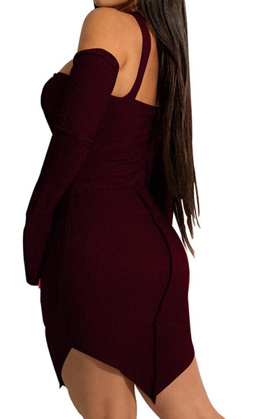 Wine Long Flare Sleeves Choker Fitted Sexy Dress