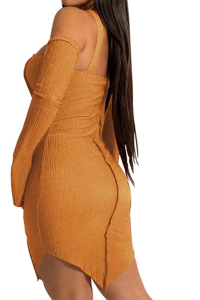 Yellow Long Flare Sleeves Choker Fitted Sexy Dress - AMIClubwear