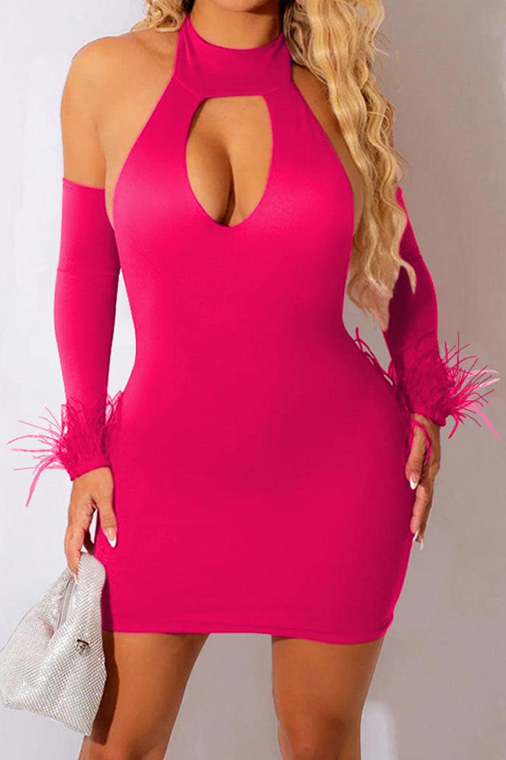 Pink Long Sleeves Feather Halter Backless Fitted Sexy Dress