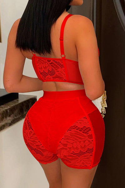 Red Lace Boned Corset Top High Waist Shorts 2Pc Sexy Outfit