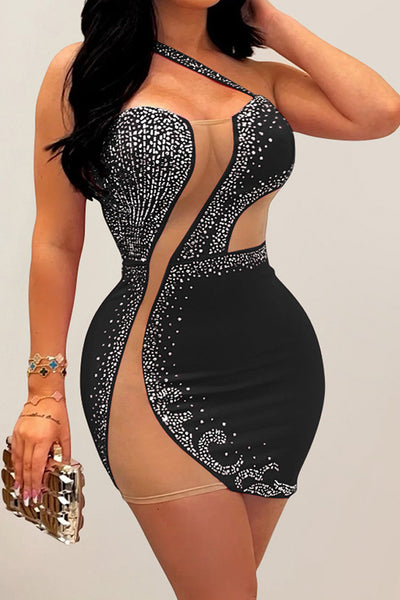 Black Rhinestone Mesh One Shoulder Cut-Out Sexy Party Dress