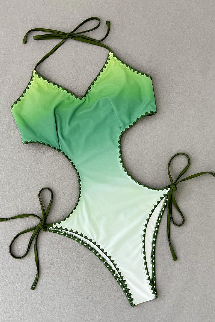 Green Crochet Trim Tie Dye Cut-Out Sexy Monokini 1Pc Swimsuit - AMIClubwear