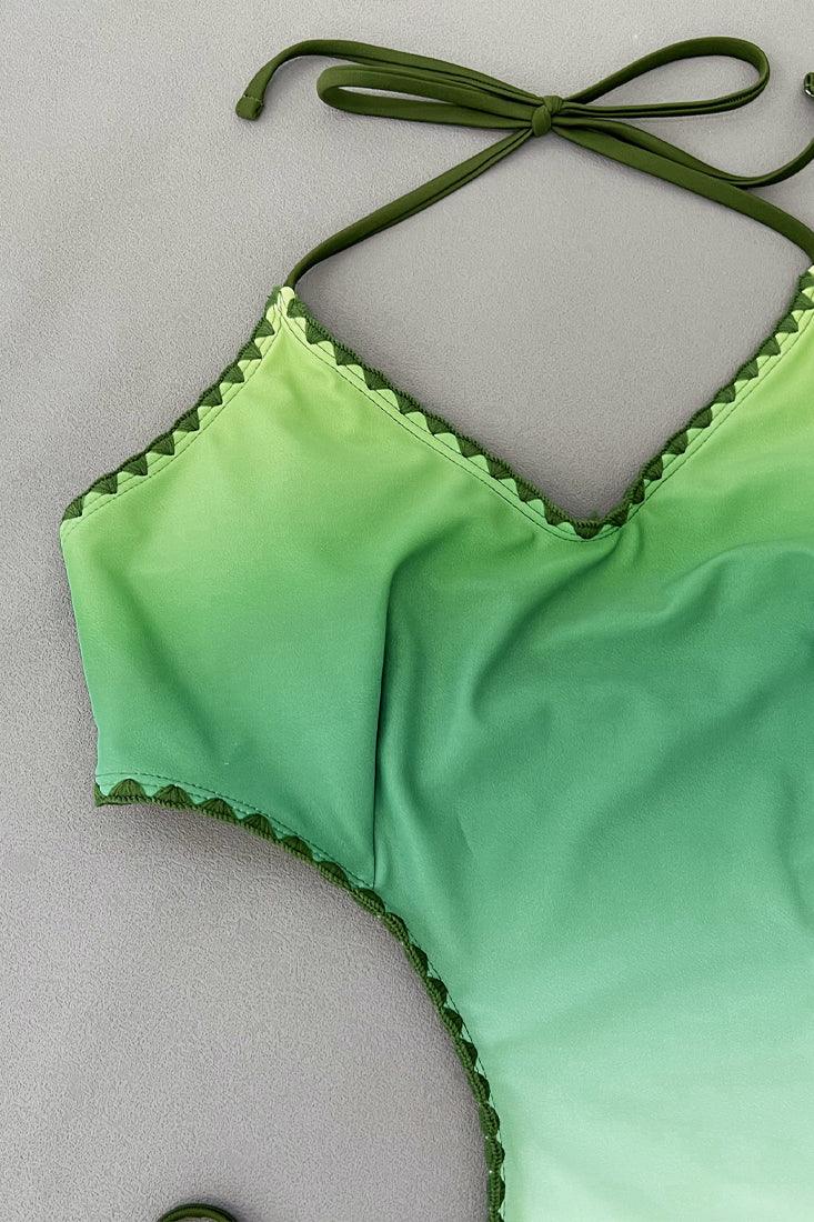 Green Crochet Trim Tie Dye Cut-Out Sexy Monokini 1Pc Swimsuit - AMIClubwear