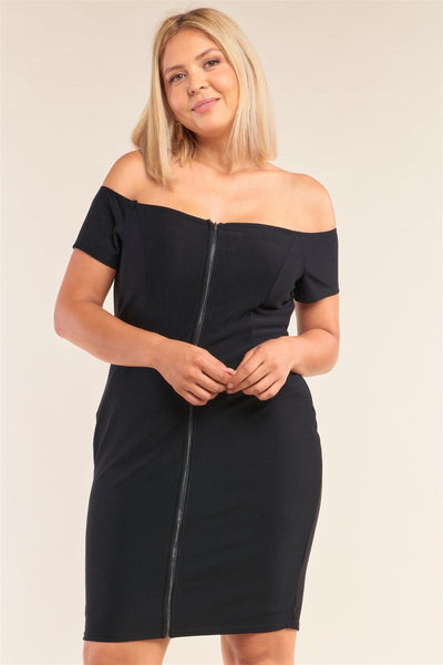 Plus Size Fitted Off-the-shoulder Front Zipper Bodycon Mini Dress - AMIClubwear