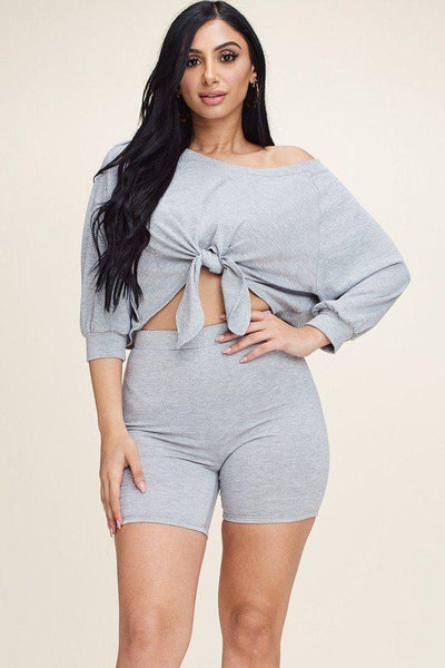 Solid French Terry Tie Front Off The Shoulder Slouchy Top And Shorts Two Piece Set - AMIClubwear