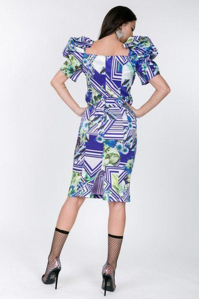 Puff Sleeve Bodycon Print Dress - AMIClubwear