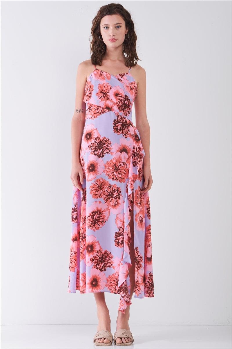 Floral Print Sleeveless Self-tie Wide Wrap Front Ruffle Hem Side Slit Detail Midi Dress - AMIClubwear