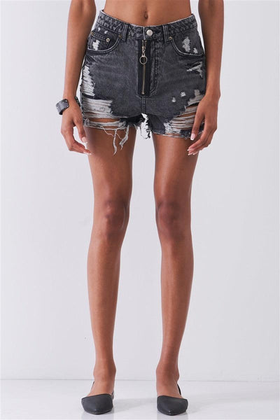 Ripped High-waist Front Zip-up Raw Hem Detail Distressed Mini Shorts - AMIClubwear