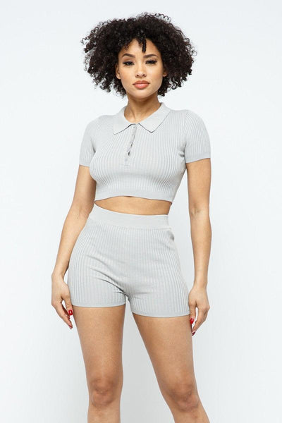 Collar Crop Top + Shorts Set - AMIClubwear
