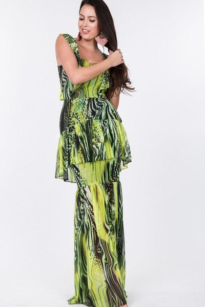 Ruffle Sleeve Tiered Bottom Print Long Dress - AMIClubwear