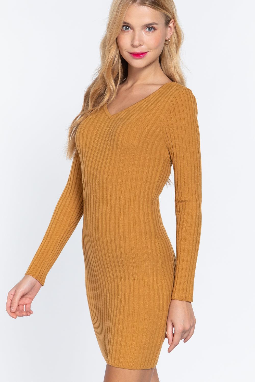 Long Slv V-neck Sweater Mini Dress - AMIClubwear