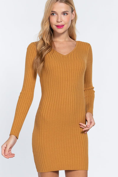 Long Slv V-neck Sweater Mini Dress - AMIClubwear