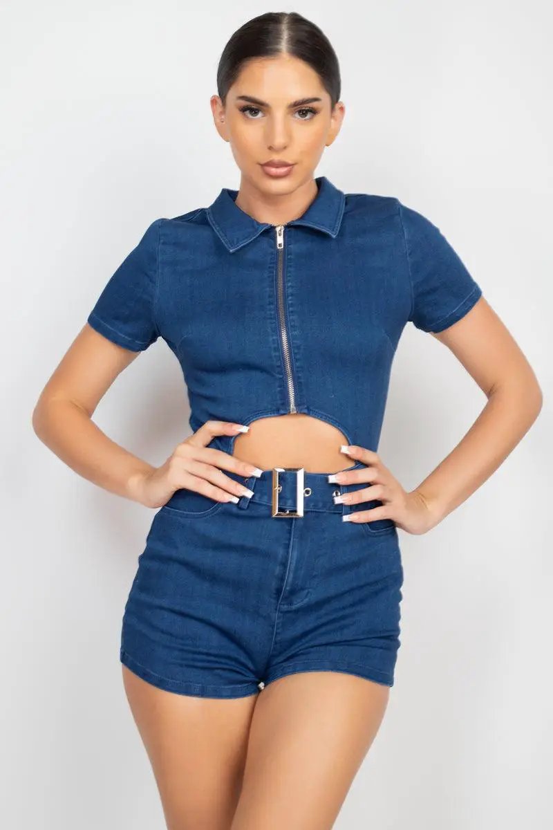 Belted Blues Sleeveless Zippered Denim Romper - FINAL SALE