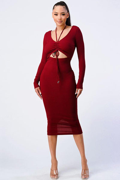 Trendy Front Shirring Cut-out Long Sleeved Dress - AMIClubwear
