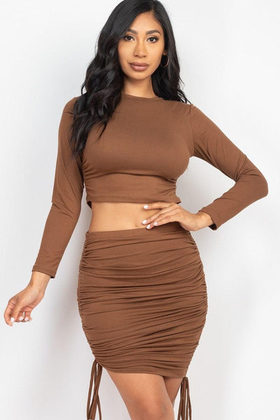 Ruched Side Crop Top & Drawstring Skirt Set - AMIClubwear