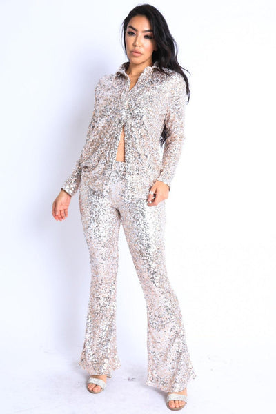 Sequin Button Down Shirt And Pant Set - AMIClubwear