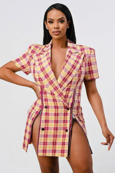 Wide Collared Double Breasted Plaid Blazer Mini Dress - AMIClubwear