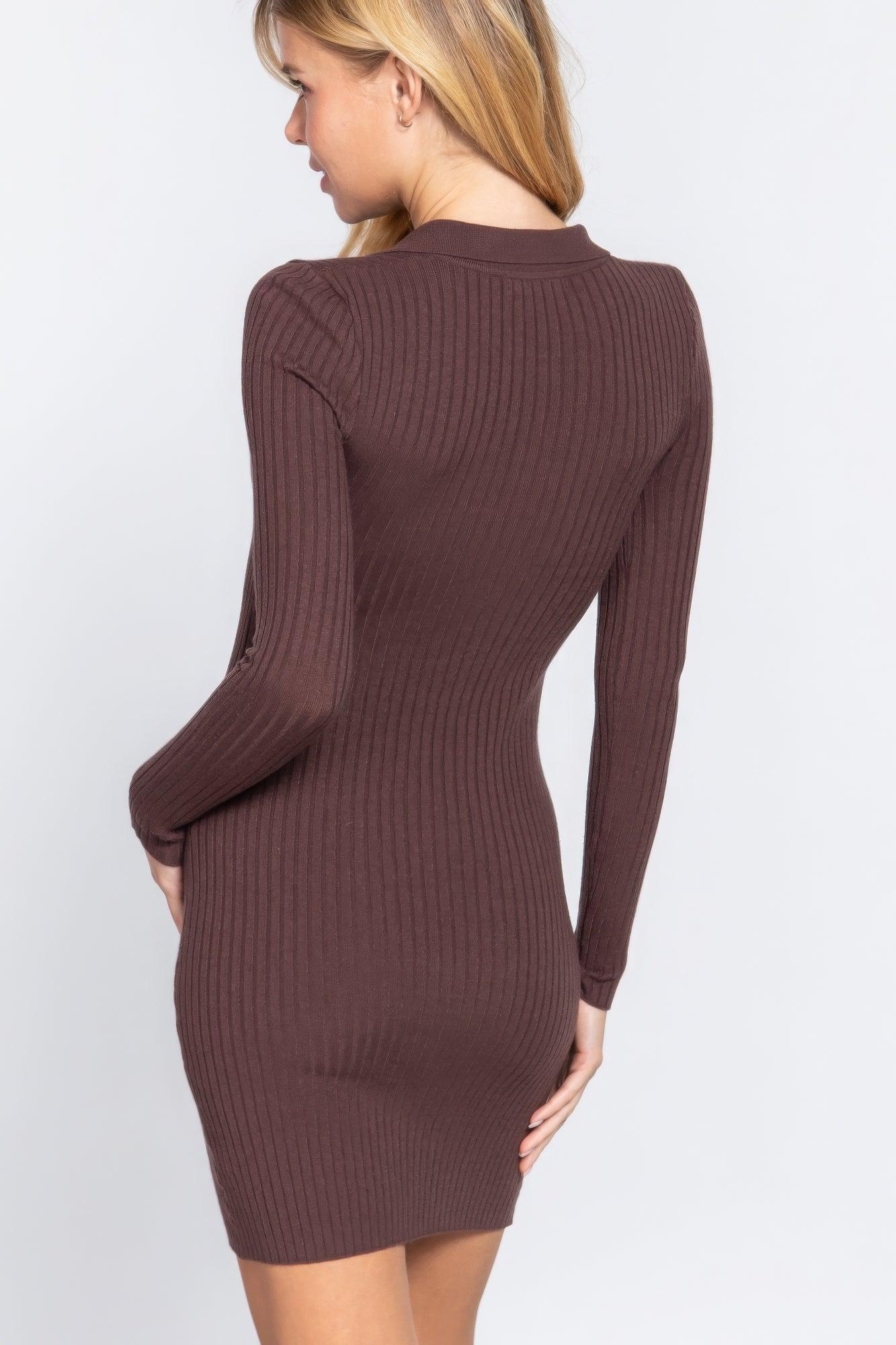 Long Slv V-neck Sweater Rib Mini Dress - AMIClubwear