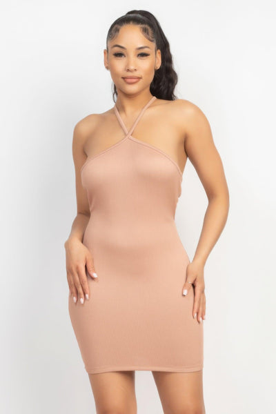 Halter Neck Ribbed Seamless Cut-out Dress - AMIClubwear
