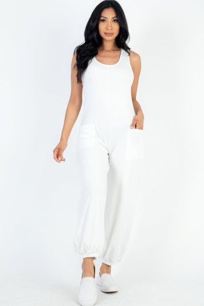 Casual Solid French Terry Sleeveless Scoop Neck Front Pocket Jumpsuit - AMIClubwear