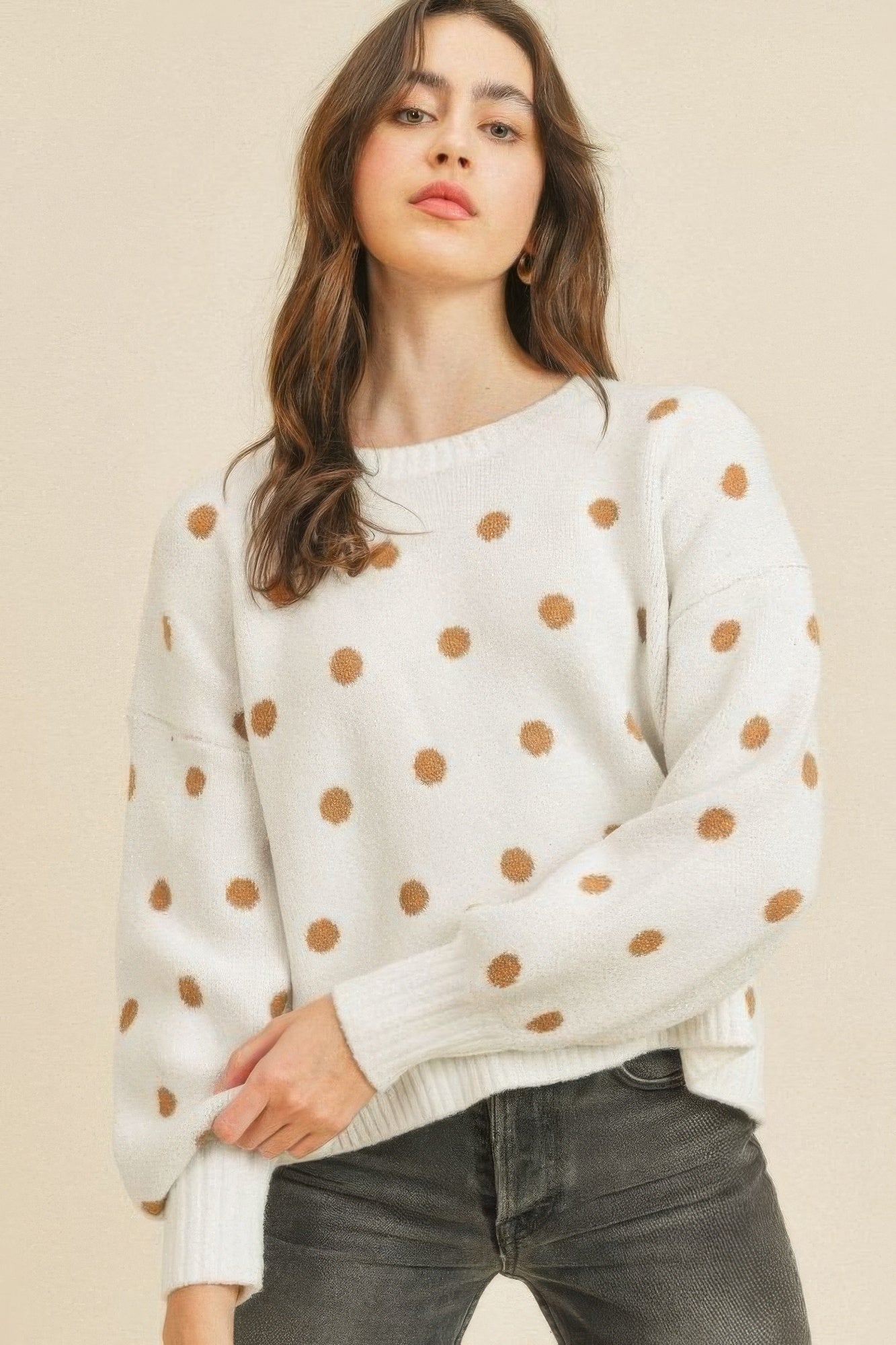 Ivory Polka Dot Long Sleeve Smocked Top main image 0