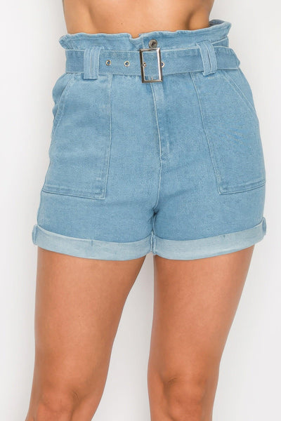 Belted Paperbag Denim Shorts - AMIClubwear