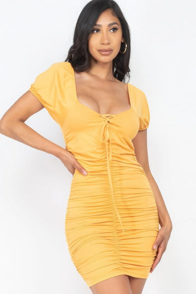 Front Lace Up Ruched Mini Dress - AMIClubwear