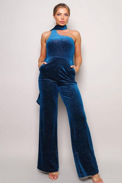 Scarf Top Glitter Velvet Jumpsuit - AMIClubwear