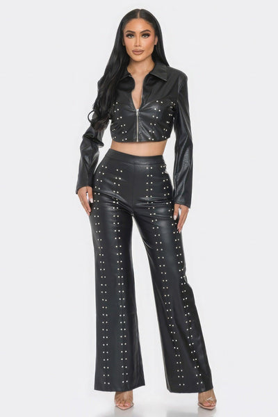 Faux Leather Set With Rhinestone Detail - AMIClubwear