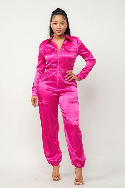 Front Zipper Pockets Top And Pants Jumpsuit - AMIClubwear