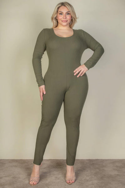 Plus Size Ribbed Scoop Neck Long Sleeve Jumpsuit - AMIClubwear