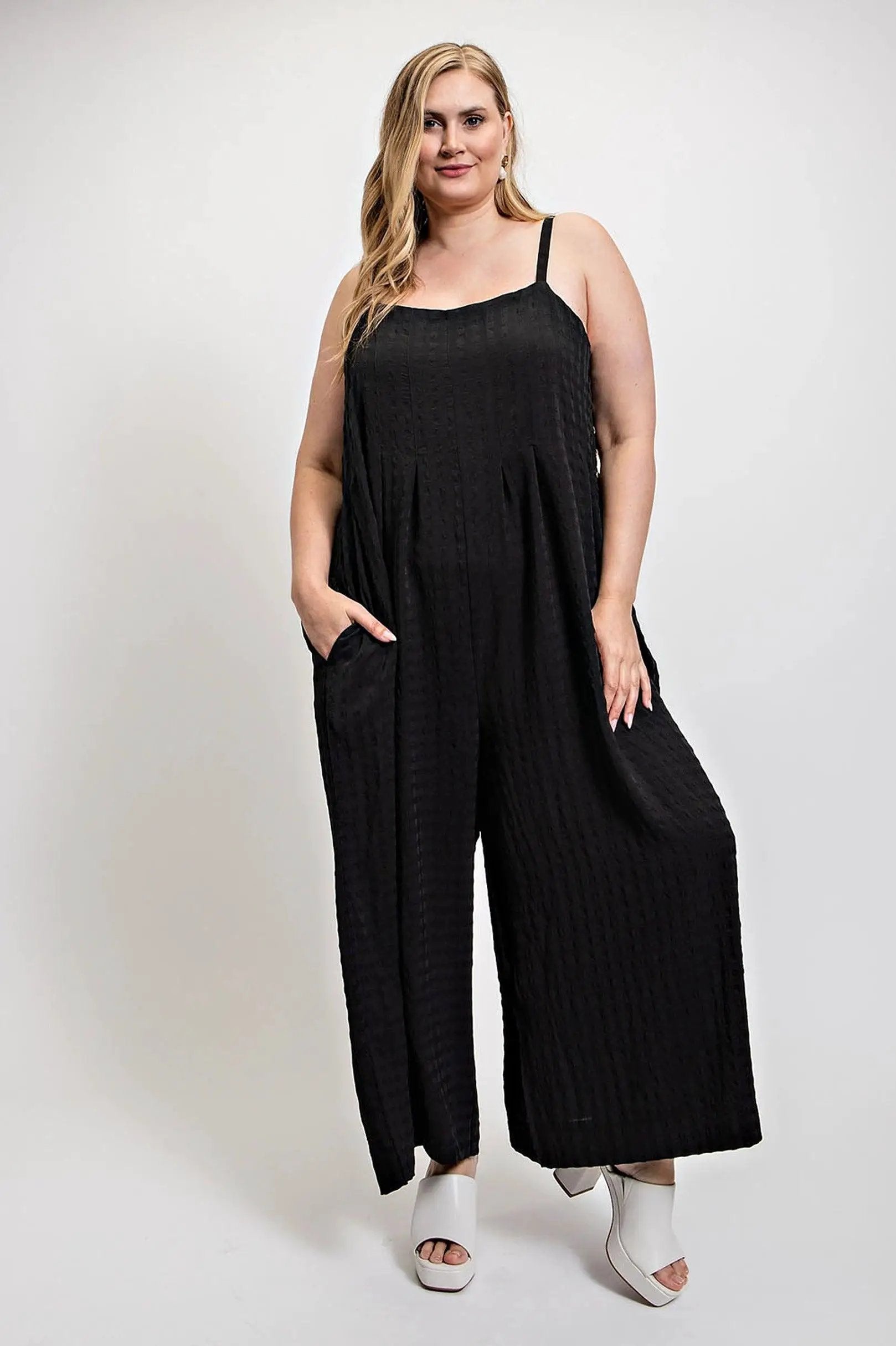 VERY J Pintuck Detail Woven Sleeveless Jumpsuit