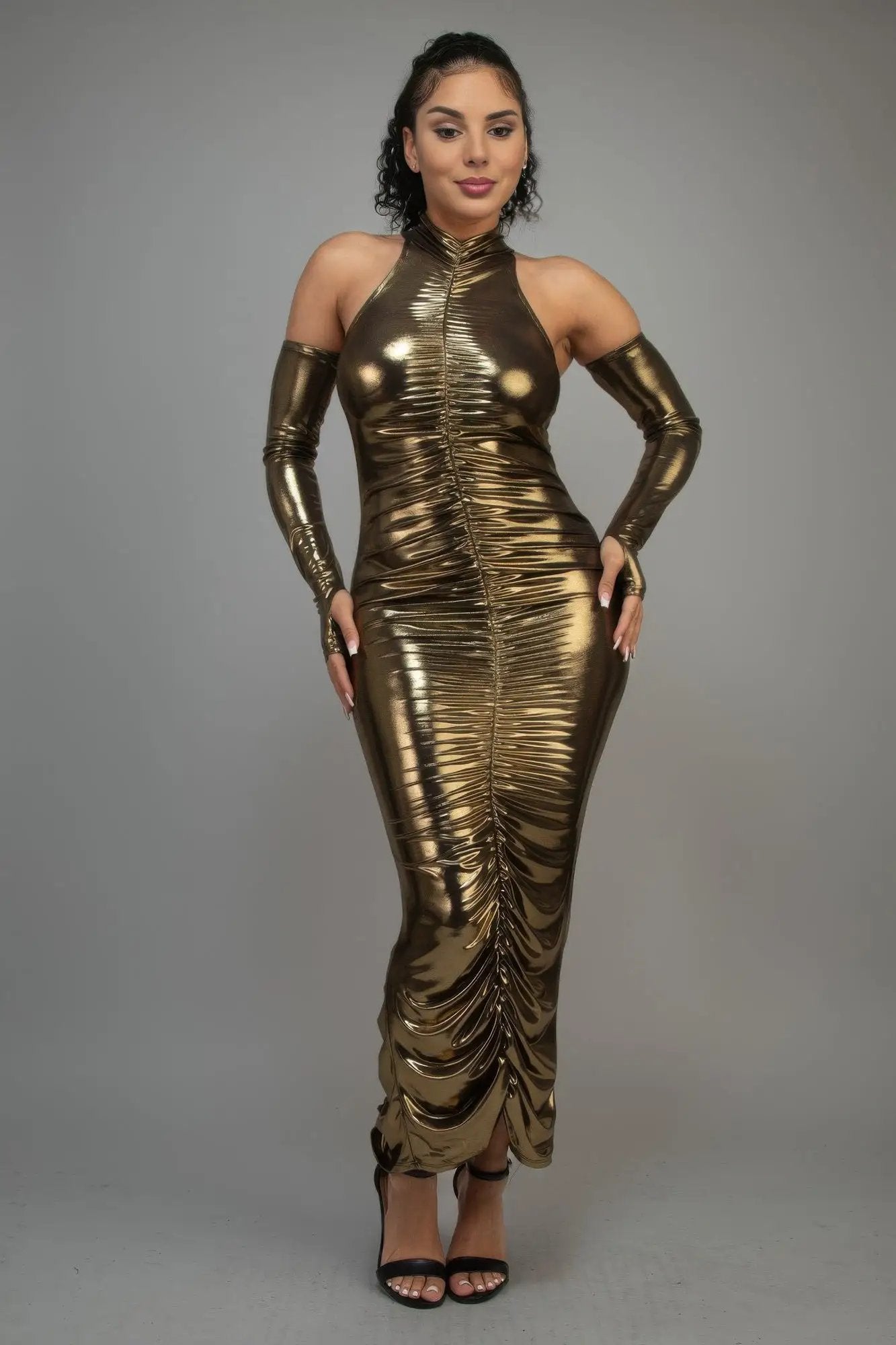 Metallic Ruched Dress With Sleeves – AMIClubwear