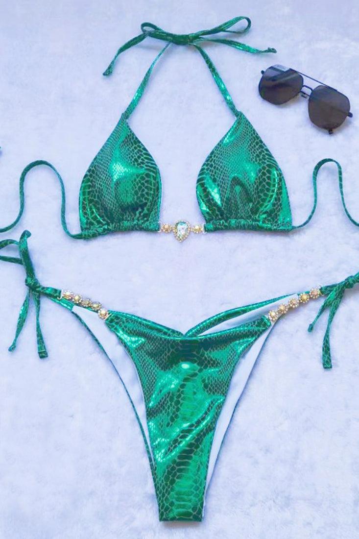 Green Snake Print Metallic Rhinestones Cheeky Ruched Bottom 2Pc Bikini Swimsuit Set