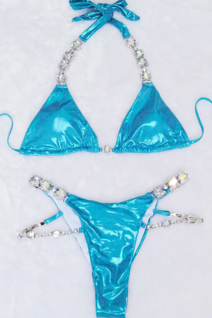 Blue Shiny Rhinestone Gem Halter Cheeky Ruched Back 2Pc Bikini Swimsuit
