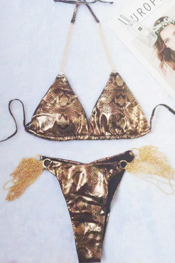 Bronze Snake Print Gold Chain Sexy Triangle Cheeky Ruched Back 2Pc Bikini Swimsuit - AMIClubwear
