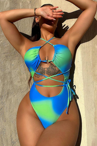 Blue Green Tie Dye Strappy Ring Plunging Sexy 1Pc Swimsuit Monokini - AMIClubwear