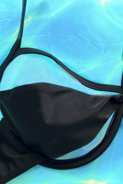 Black Mesh Underwire Bra Thong Bottom Ultra Sexy 2Pc Swimsuit Set Bikini