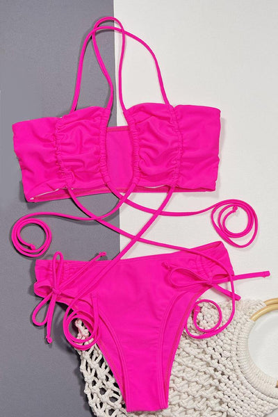 Hot Pink Draw String Ruched Bandeau High Waist 2Pc Sexy Swimsuit Set