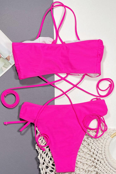 Hot Pink Draw String Ruched Bandeau High Waist 2Pc Sexy Swimsuit Set