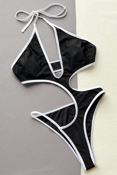 Black White Halter Cut-Out Asymmetrical Sexy Cheeky 1Pc Swimsuit Monokini - AMIClubwear