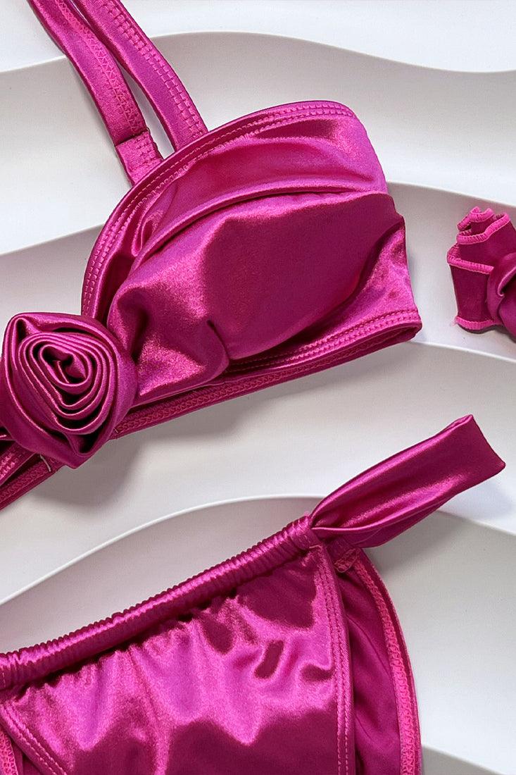 Fuchsia Pink Satin Stretchy Ruched Cheeky Rosette 3Pc Swimsuit Set Bikini