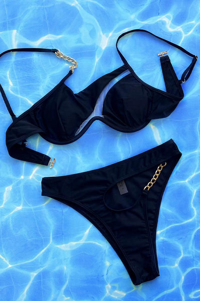 Black One Shoulder Mesh Gold Chain Cut-Out 2Pc Sexy Swimsuit Bikini - AMIClubwear